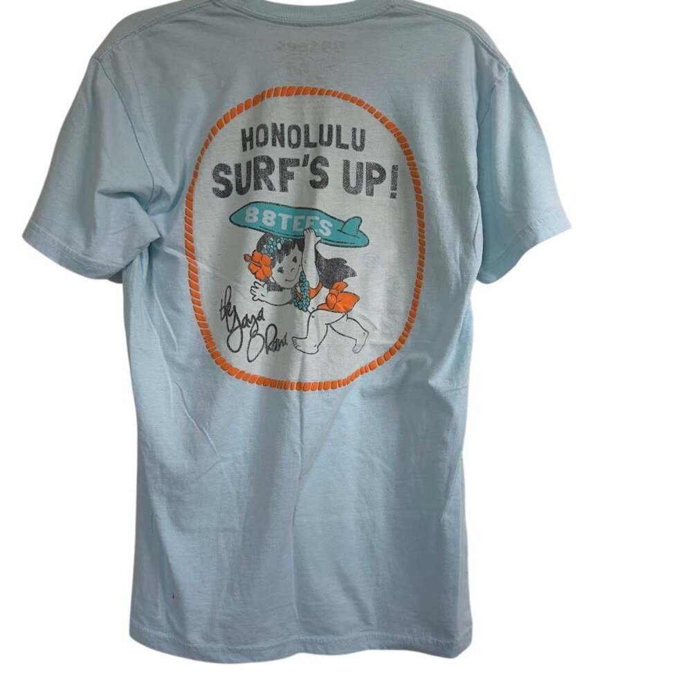 88 Tees Honolulu Surf's Up Graphic T Shirt Light Blue Hawaii Souvenir Tee M